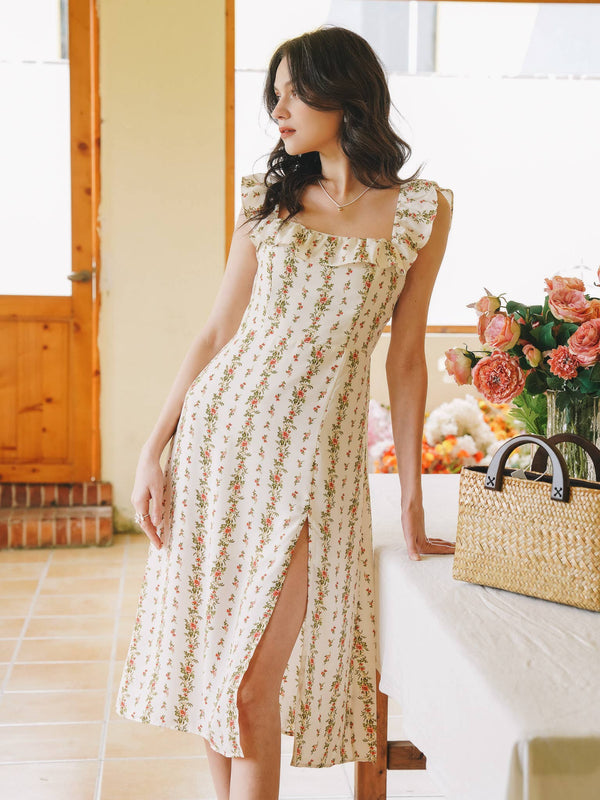 Floral Ruffle-Trimmed Midi Sundress