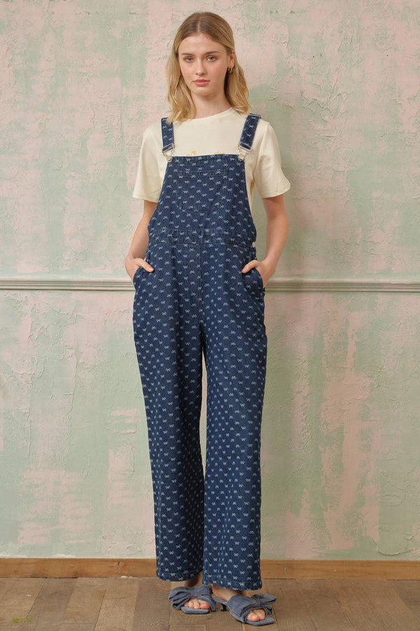 Bow-Patterned Denim Overalls