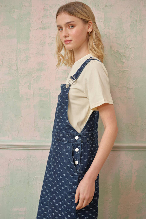 Bow-Patterned Denim Overalls