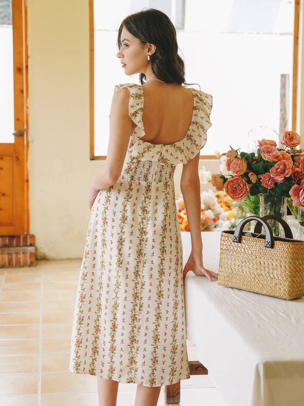 Floral Ruffle-Trimmed Midi Sundress