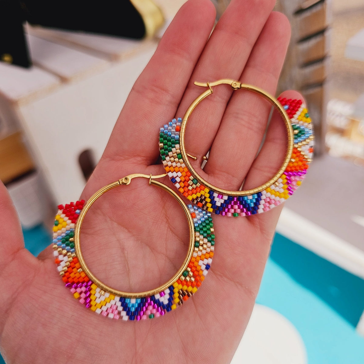 Festival Multicolor Beaded Hoops – Mosaic Makers Collective display picture 3