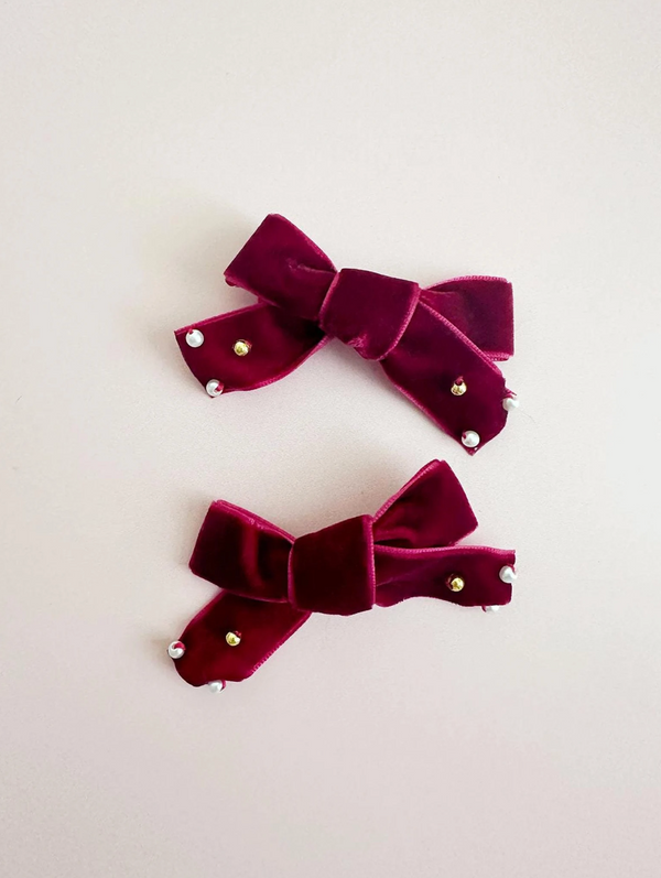 Mini Velvet Red Bows with Bead Embroidery (Set of 2) - 1