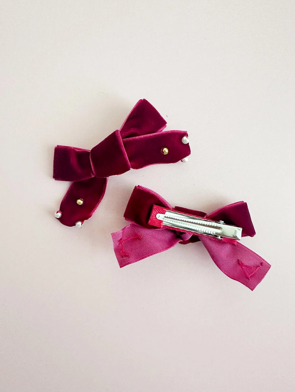 Mini Velvet Red Bows with Bead Embroidery (Set of 2) - 2