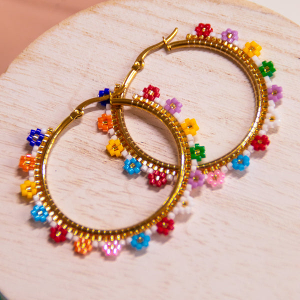Flowers Multicolor Beaded Hoops - 3