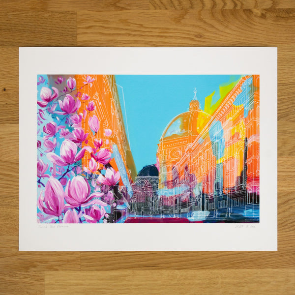 Colorful European Cathedral and Pink Magnolia Art Print