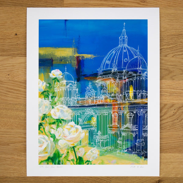 Blue European Cathedral With White Roses Art Print