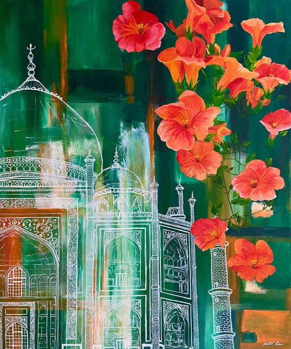 Green Taj Mahal with Orange Flowers Print