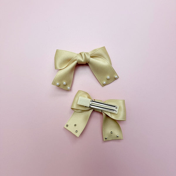 Yellow Mini Bows with Pearl Embroidery - Set of 2