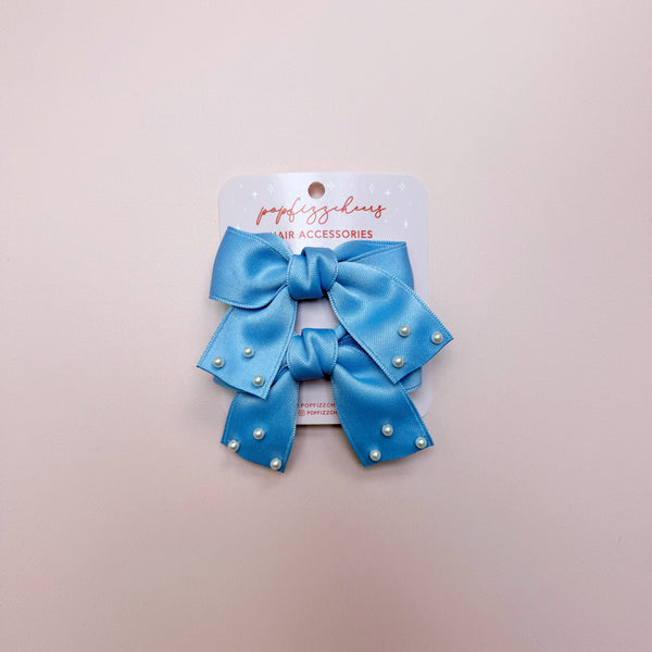 Blue Mini Bows with Pearl Embroidery - Set of 2