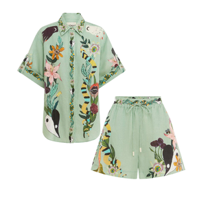 Two Piece Printed Green Linen Button Down Top and Shorts Set