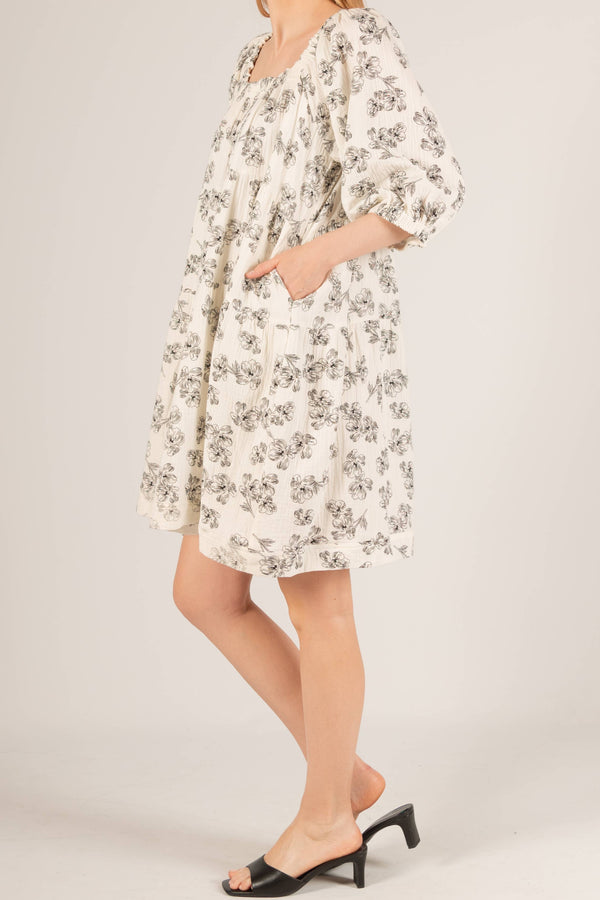 3-Ply Gauze Floral Print Gauze Tiered Mini Dress