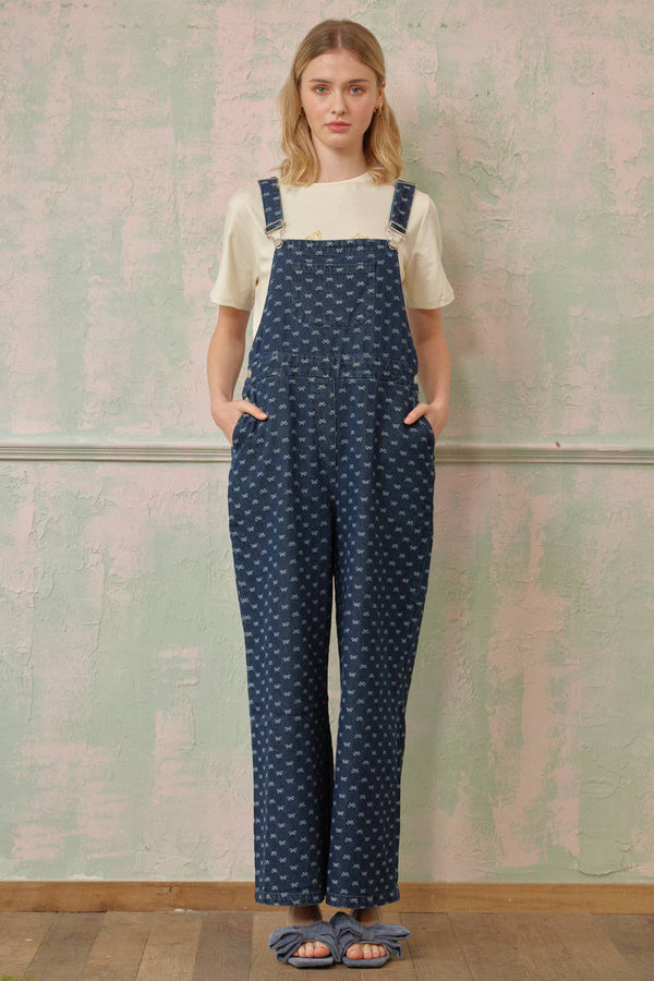 Bow-Patterned Denim Overalls