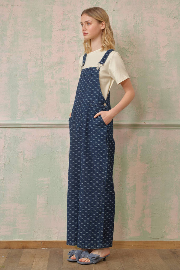 Bow-Patterned Denim Overalls