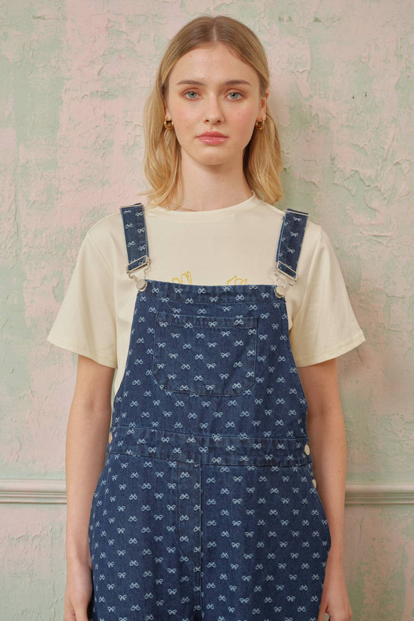 Bow-Patterned Denim Overalls