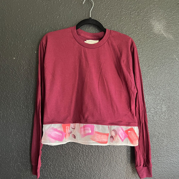 Long Sleeve Crop Tee with Painted Ruffle - 1