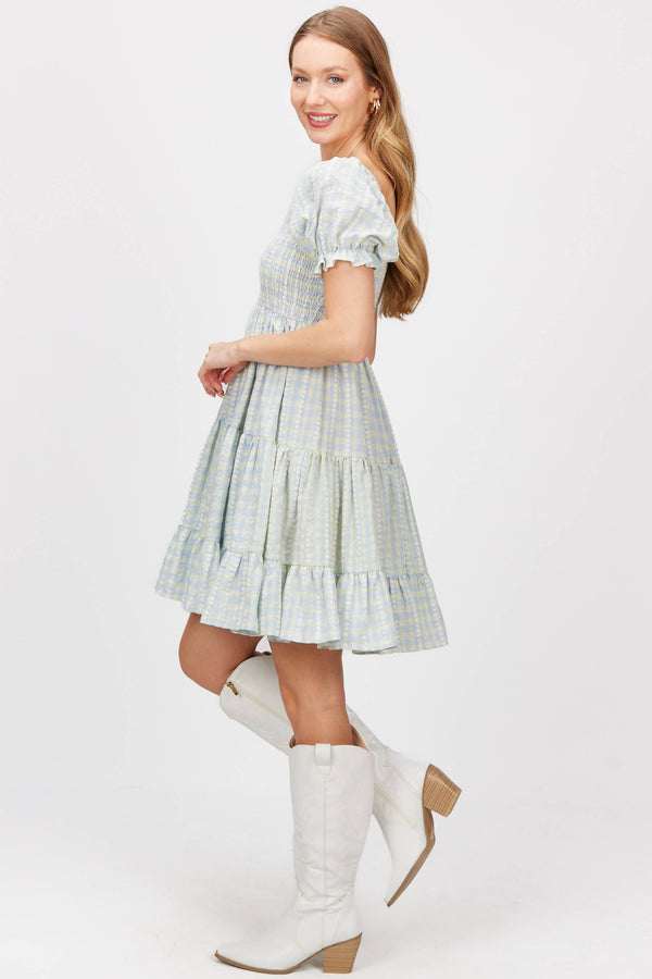 Gingham Print Smocked Bodice Tiered Mini Dress