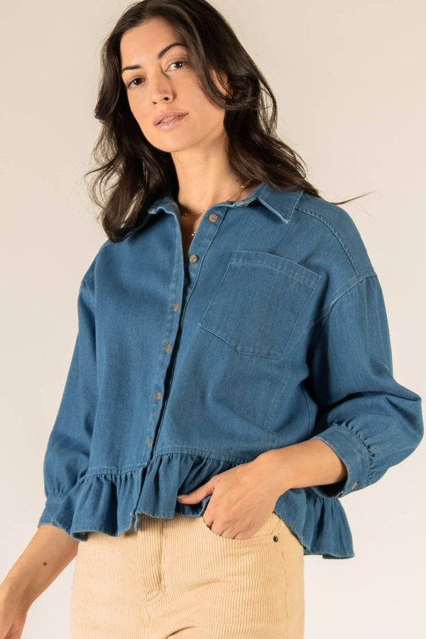 3/4 Sleeve Ruffle Button Up Shirt