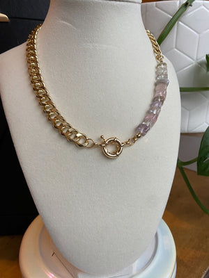 Chain Link and Gemstone Bead Accent Necklace - 1