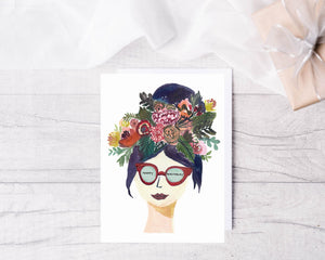 Happy Birthday Greeting Card- Cool Sun-glasses Lady in watercolors - 1