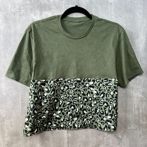 Olive Green Leopard Print Sporty Crop Tee (matching Girl's Hair Bow) - 1