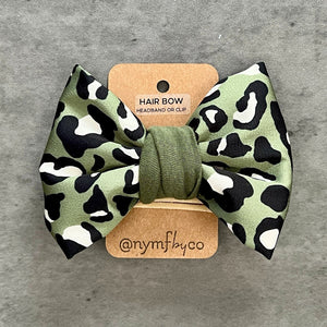 Olive Green Leopard Print Girl's Hair Bow (matching Mom Tee) - 1