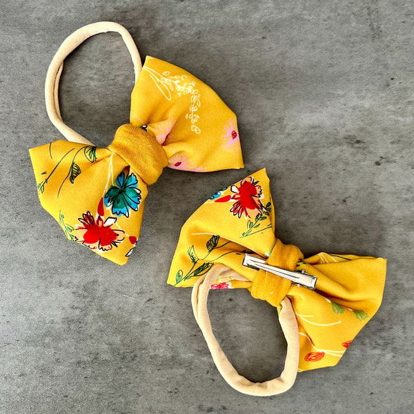 Marigold Floral Print Girl's Hair Bow (matching Mom Tee) - 4