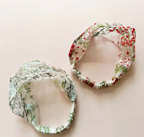 Floral Embroidered Tulle Elastic Headbands - 1
