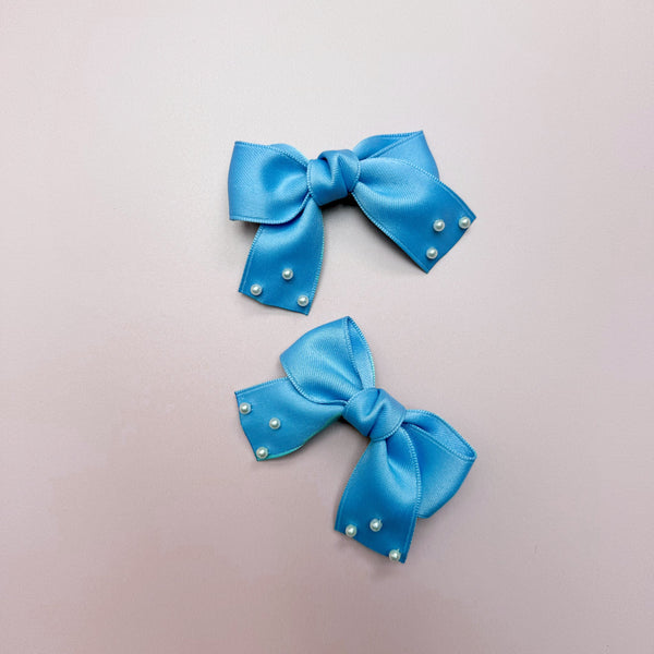 Blue Mini Bows with Pearl Embroidery - Set of 2