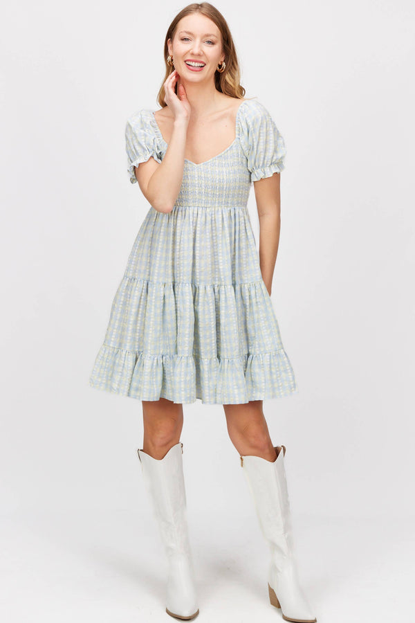 Gingham Print Smocked Bodice Tiered Mini Dress