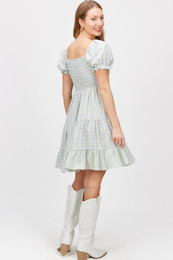 Gingham Print Smocked Bodice Tiered Mini Dress