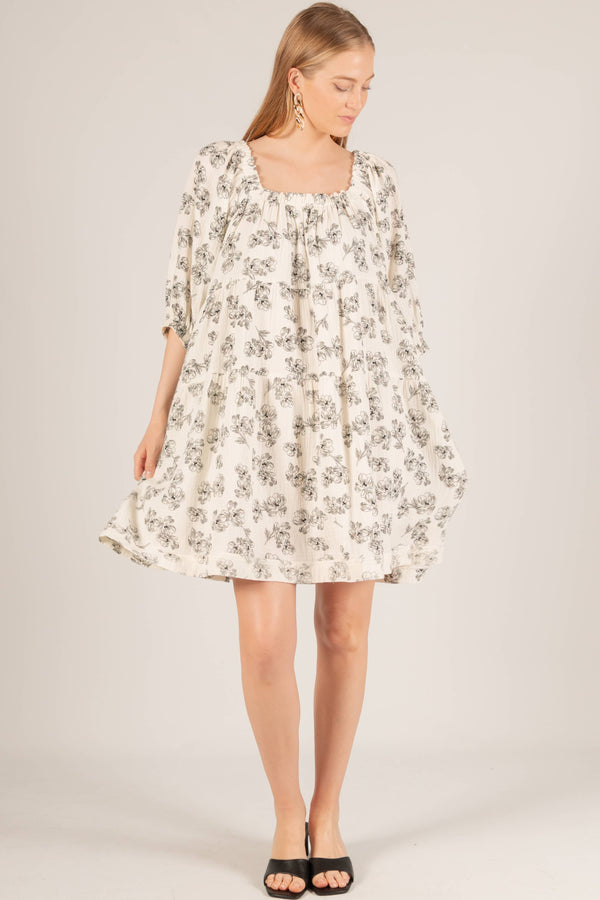 3-Ply Gauze Floral Print Gauze Tiered Mini Dress