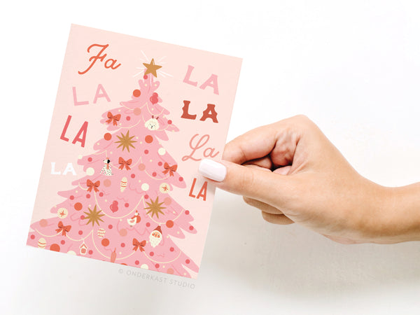 Fa La La Pink Christmas Tree Greeting Card - HS