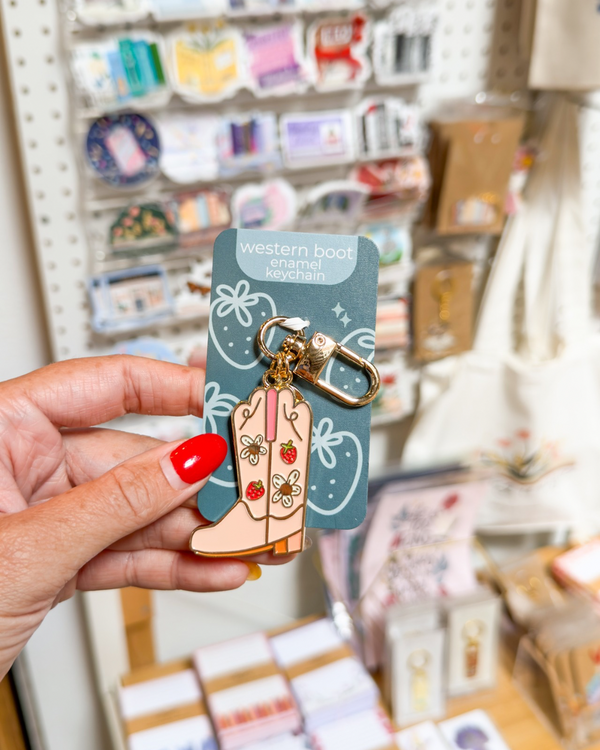 Strawberry Cowgirl Boot Enamel Keychain Bag Charm