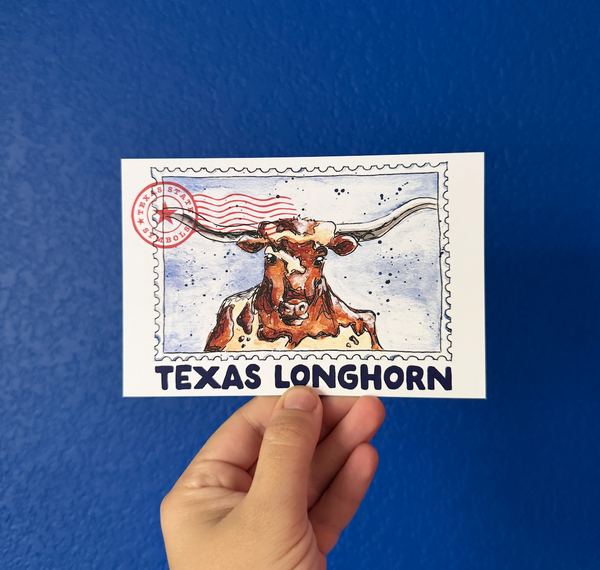 Texas Longhorn Stamp Watercolor Postcard