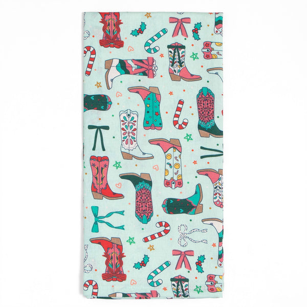Christmas Western Cowgirl Boots Tea Towel