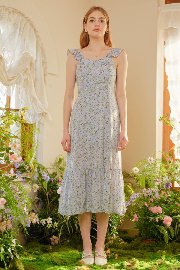 Blue Blossom Print Long Dress