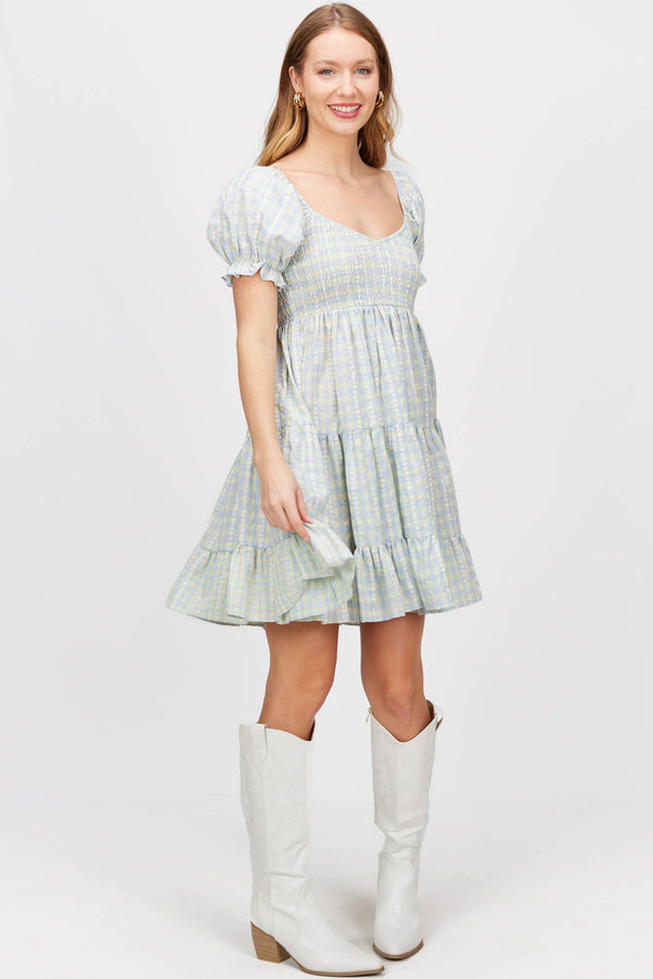 Gingham Print Smocked Bodice Tiered Mini Dress