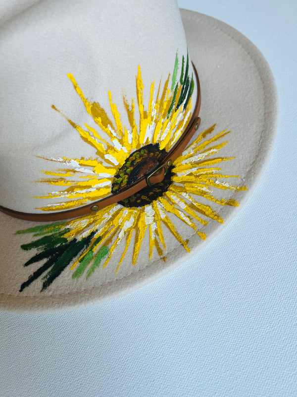 Cream Sunflower hand-painted hat - 4