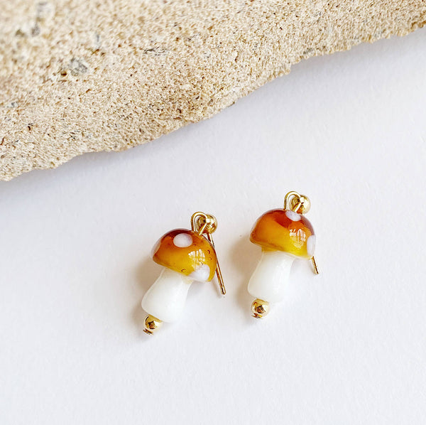 Glass Mushroom Gold Dangle Earrings - Amber