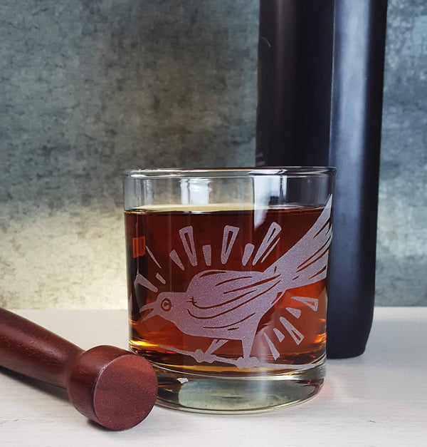 Grackle Bird Austin Etched Whiskey Glass