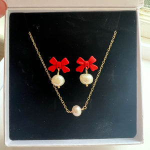 Bow Pearl Earring & Necklace Gift Set - 1
