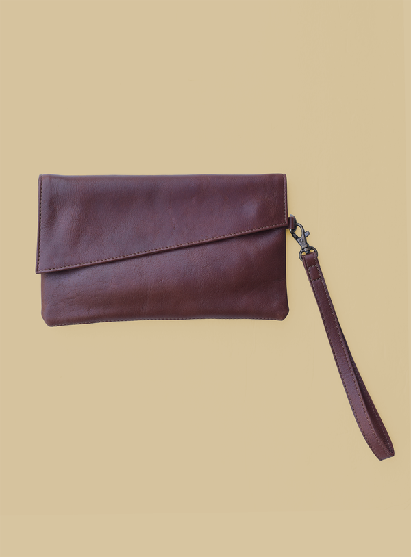 Leather Asymmetric Clutch with Wristlet Strap in Chestnut Brown - 1