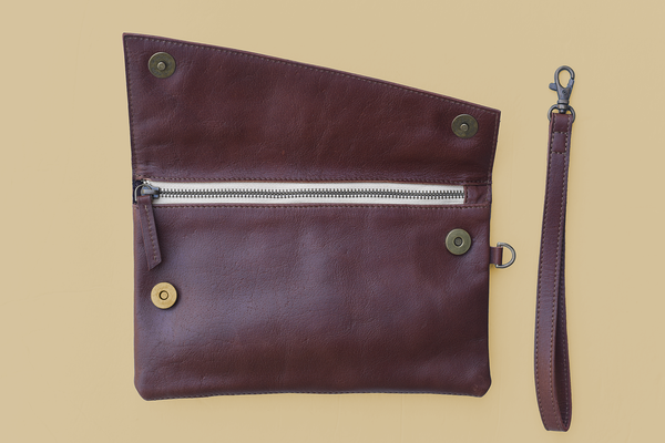 Leather Asymmetric Clutch with Wristlet Strap in Chestnut Brown - 3