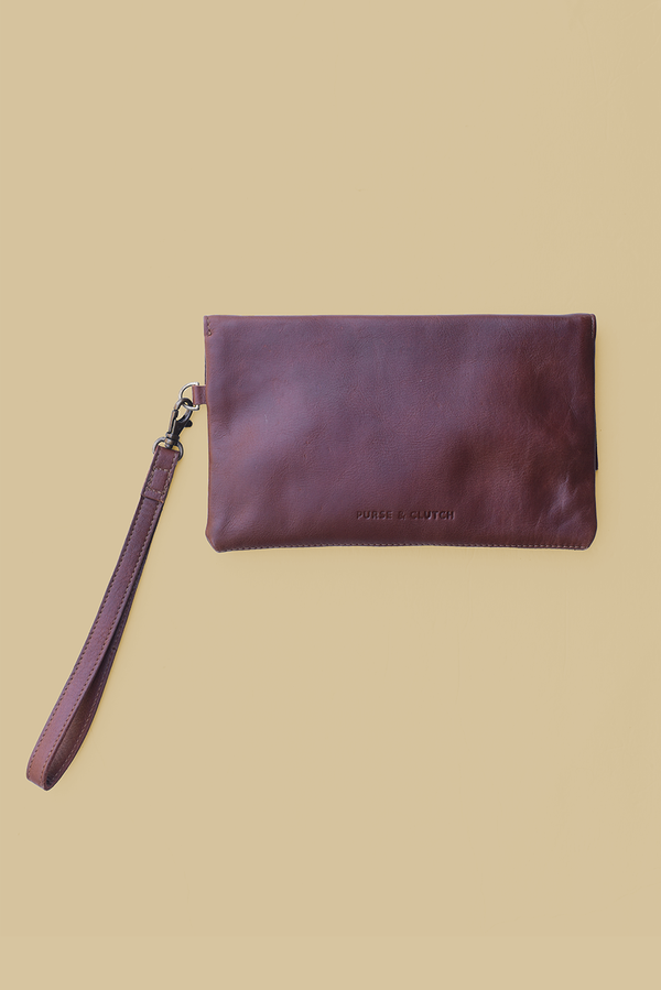Leather Asymmetric Clutch with Wristlet Strap in Chestnut Brown - 2