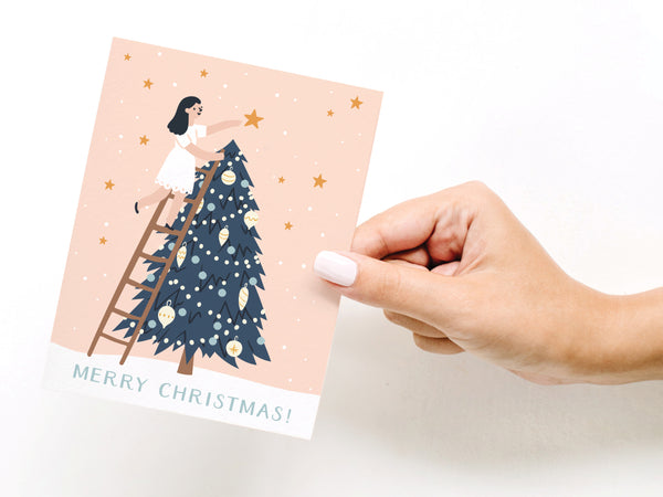 Girl Putting Star on Tree Greeting Card - DS