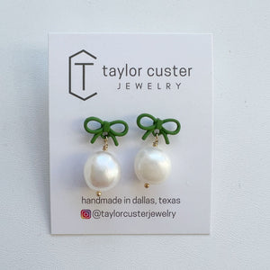 Green Bow Pearl Earrings - 1