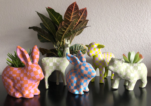 paper mache planter pots Checkered Painted Paper Mache Animal Planters – Mosaic Makers Collective