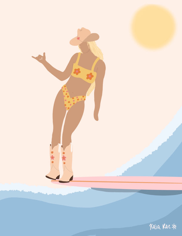 Flower Power Surfing Cowgirl Print - 2