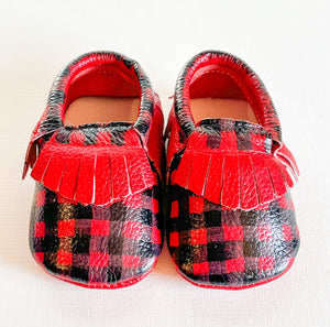 Buffalo Check Baby Moccasins - Red and Black - 1