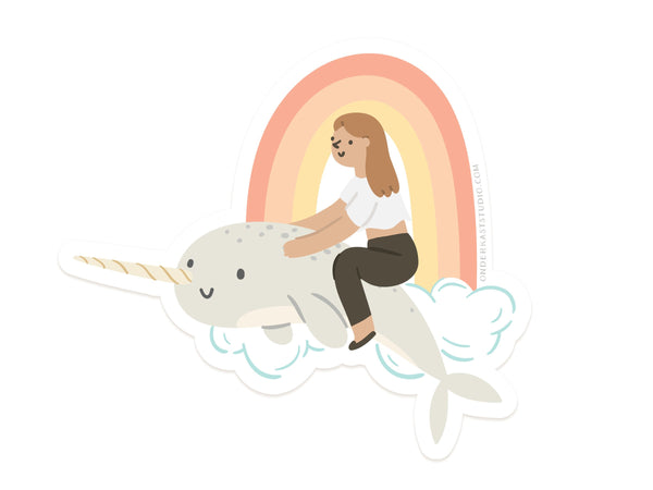 Girl Riding a Narwhal Sticker - DS